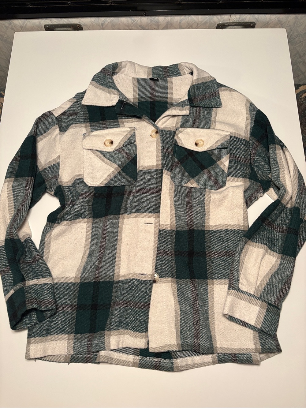 Plaid Button-Up Shacket in Cream and Forest Green